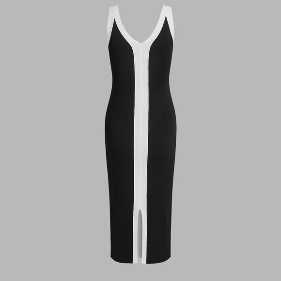 Black and white contrast knit v neck sleeveless midi dress with vented slit - Picture 3 of 11